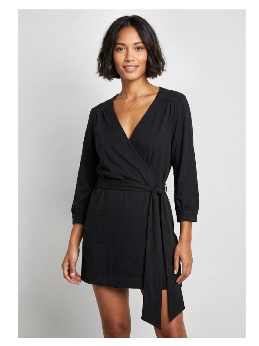Caslon Cotton Long Sleeve Wrap Top, Black, Womens Size Medium